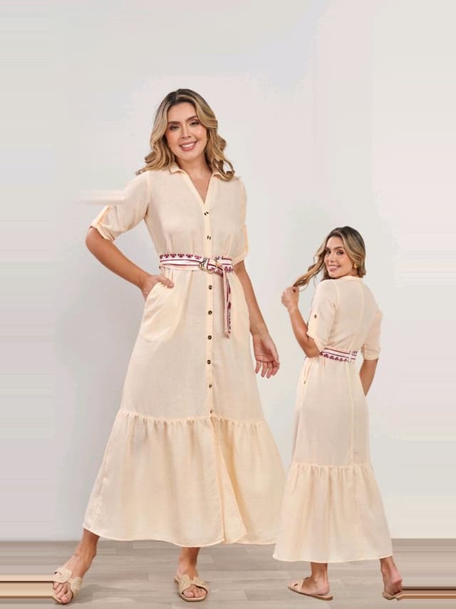 Vestido largo camisero con volante y cinturón, vestidos en El Baúl de la Moda, Jamundí